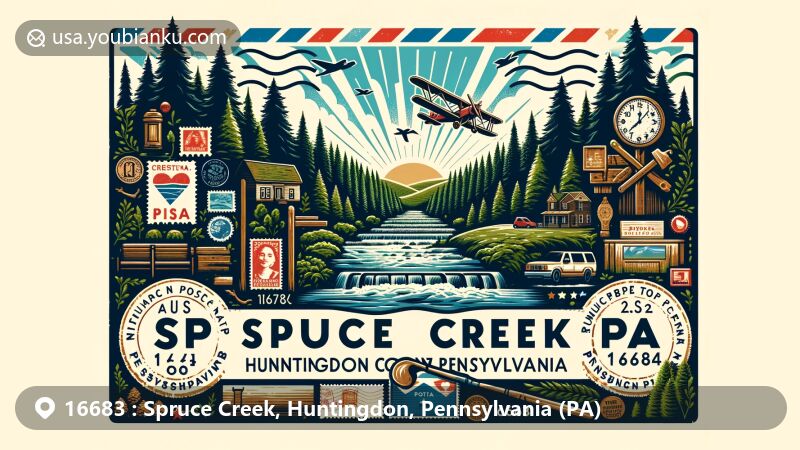 Creative illustration of Spruce Creek, Huntingdon County, Pennsylvania, capturing natural beauty and Pennsylvania culture with state flag, forests, and streams in ZIP code 16683 design.