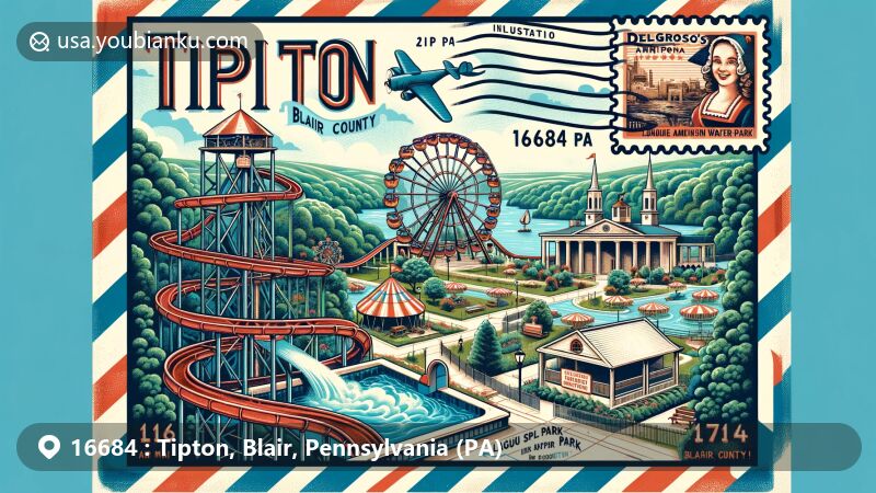 Modern illustration of Tipton, Blair County, Pennsylvania, highlighting DelGrosso's Amusement Park and Laguna Splash Water Park with family-friendly attractions and scenic beauty of Blair County, featuring Fort Roberdeau from revolutionary war era.