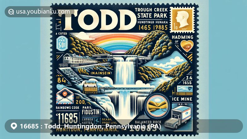 Modern illustration of Todd area, Huntingdon County, Pennsylvania, featuring hiking trails, Rainbow Falls, the Ice Mine, Balanced Rock in Trough Creek State Park, and vintage air mail envelope with ZIP code 16685 stamp.
