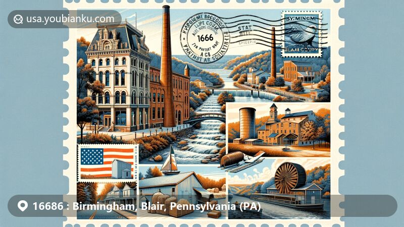 Modern illustration of Birmingham, Blair County, Pennsylvania, showcasing postal theme with ZIP code 16686, incorporating architectural styles from Tyrone Borough Historic District and highlighting Canoe Creek State Park and American Eagle Paper Mills.