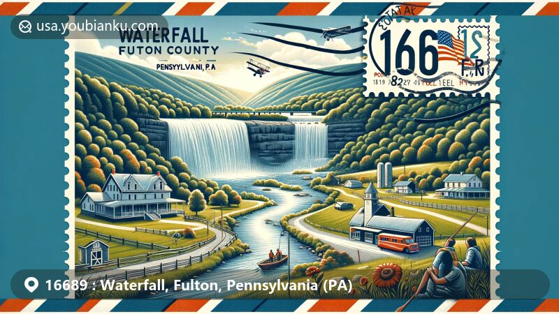 Modern illustration of Waterfall, Fulton County, Pennsylvania, with ZIP code 16689, showcasing rural charm, Allegheny Mountains backdrop, outdoor activities, vintage air mail envelope, postal stamp with Pennsylvania state flag, and postmark for Waterfall, PA.
