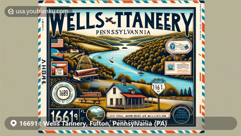 Modern illustration of Wells Tannery, Pennsylvania, showcasing postal theme with ZIP code 16691, featuring Meadow Grounds Lake and Cowans Gap State Park.
