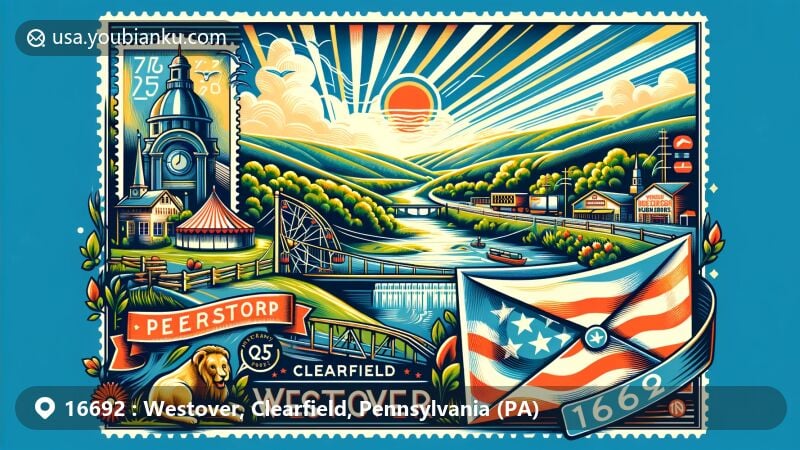 Modern illustration of Westover, Clearfield, Pennsylvania, highlighting postal theme with ZIP code 16692, showcasing Chest Creek and local valley, featuring Harmony Grange Fair and Pennsylvania state flag.