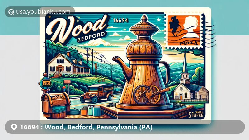 Modern illustration of Wood, Bedford, Pennsylvania (PA) with iconic Coffee Pot, historic Jean Bonnet Tavern, and scenic vistas like Warrior Ridge and Rainsburg, showcasing local heritage and natural beauty.
