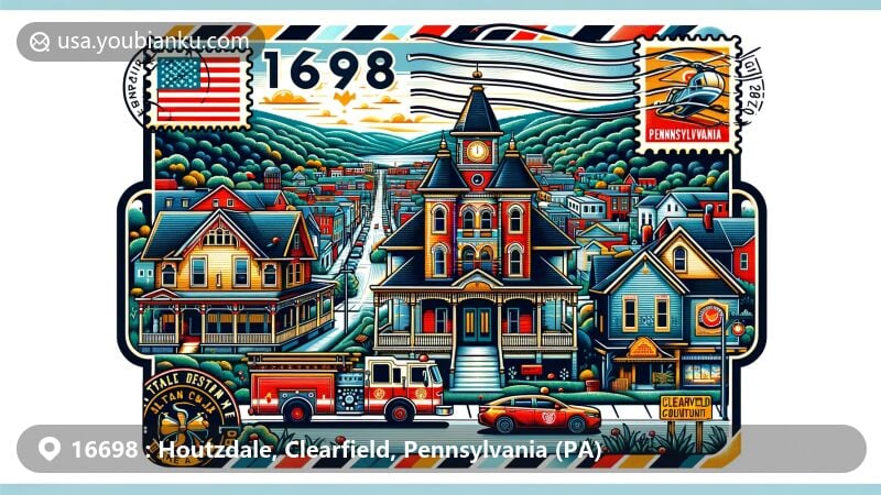Modern illustration of Houtzdale, Clearfield County, Pennsylvania, blending geography, local landmarks, and postal themes, featuring Victorian homes, the local fire station, State Correctional Institution – Houtzdale, vintage air mail envelope with postal stamps of Pennsylvania state flag, Clearfield County silhouette, and Houtzdale heritage symbols, showcasing ZIP code 16698 and town name in artistic font.