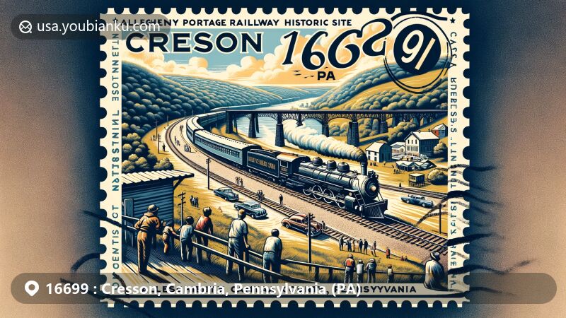 Modern illustration of Cresson, Cambria County, Pennsylvania, featuring Allegheny Portage Railroad National Historic Site, Cresson Railroad Observation Platform, and scenic Allegheny Mountains, with '16699' ZIP code and 'Cresson, PA' postal mark.