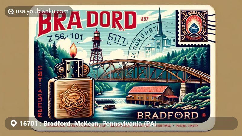 Vibrant illustration of ZIP Code 16701, Bradford, Pennsylvania, featuring Zippo Museum and Marilla Trail System with wooden covered bridge, Marilla Reservoir, and Penn Brad Oil Museum.