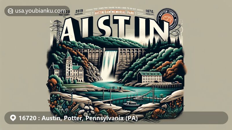 Modern illustration of Austin, Potter County, Pennsylvania, featuring iconic Austin Dam Memorial Park, natural beauty of Sinnemahoning State Park, and vintage postal theme with ZIP Code 16720.