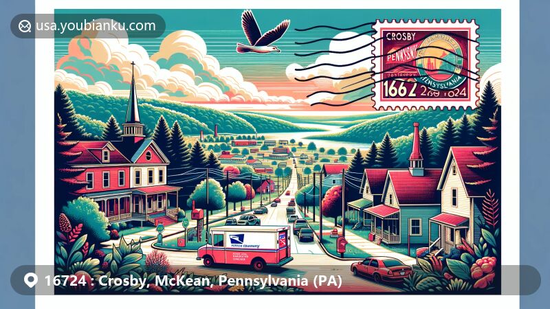 Modern illustration of Crosby, Pennsylvania, in ZIP code 16724, blending small-town charm with postal motifs, highlighting the rural and forested landscapes, vintage postcard, postal stamps, mail carrier vehicle, and mailbox.