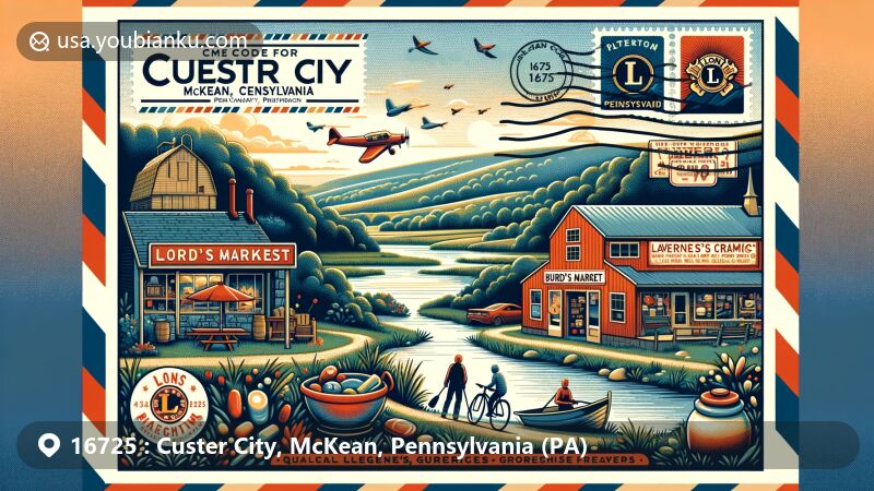 Modern illustration of Custer City, McKean County, Pennsylvania, depicting outdoor activities and local landmarks like LaVerne's Ceramics Shop and Burd's Market.