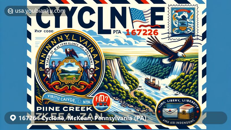 Modern illustration of Cyclone, McKean County, Pennsylvania, featuring Pine Creek Gorge and Pennsylvania state flag with ZIP code 16726 and state symbols.