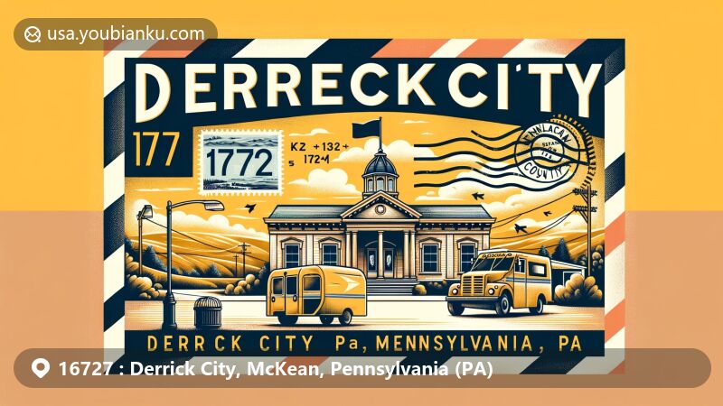 Modern illustration of Derrick City, McKean County, Pennsylvania, showcasing postal theme with ZIP code 16727, featuring Derrick City essence, Pennsylvania state flag, and postal elements.