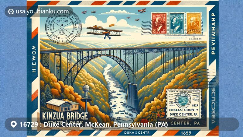 Modern illustration of Kinzua Bridge State Park and Kinzua Skywalk in Duke Center, McKean, Pennsylvania, with airmail theme and vintage stamps, showcasing natural beauty and engineering marvel.