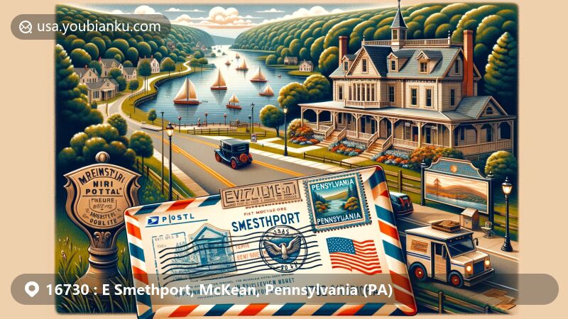 Modern illustration of Smethport, Pennsylvania, featuring scenic Route 6, McKean Forest, Mansion District, and Hamlin Lake, with vintage postal elements like air mail envelope, PA state flag stamp, and '16730 E Smethport, PA' postal mark.