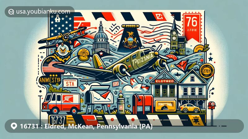 Vibrant illustration of Eldred, McKean County, Pennsylvania, highlighting ZIP code 16731 with Eldred World War II Museum, Pennsylvania state flag, airmail envelope, stamps, postmarks, mailbox, and mail truck.
