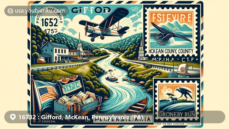 Modern illustration of Gifford, McKean County, Pennsylvania, highlighting postal theme with ZIP code 16732, featuring Droney Run and Pennsylvania state symbols.