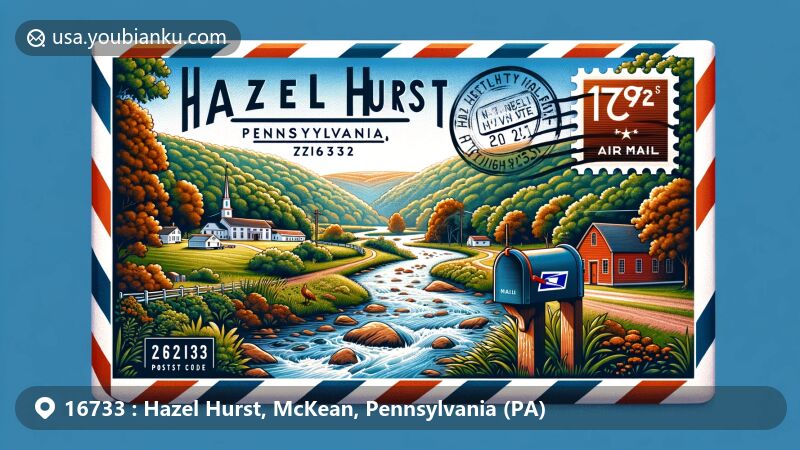 Modern illustration of Hazel Hurst, Pennsylvania, incorporating local and postal elements, showcasing Marvin Creek and a classic red mailbox, with a postal theme featuring ZIP code 16733 and a historical nod to the area's glass production heritage.