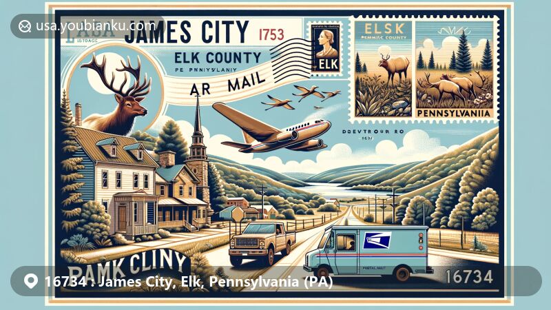 Modern illustration of James City, Elk County, Pennsylvania, featuring a postal theme with ZIP code 16734, including a postal delivery truck, air mail envelope, vintage postage stamps with elk wildlife, against the backdrop of natural beauty and rural charm.