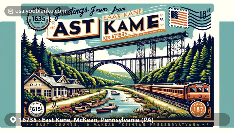 Modern illustration of East Kane, McKean County, Pennsylvania, highlighting Kinzua Bridge State Park with Skywalk and Kane Historic Preservation Society's 1871 Railroad Station, set amidst lush forests of Pennsylvania Wilds, featuring vintage postage stamp with ZIP code 16735 and 'PA' state abbreviation.