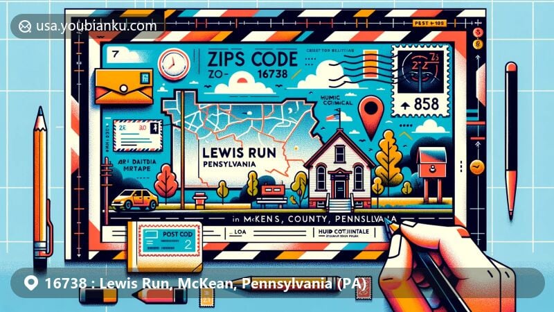 Modern illustration of Lewis Run, McKean County, Pennsylvania, styled as a creatively designed postcard or air mail envelope, featuring local elements like the McKean Memorial Park and the outline of McKean County.