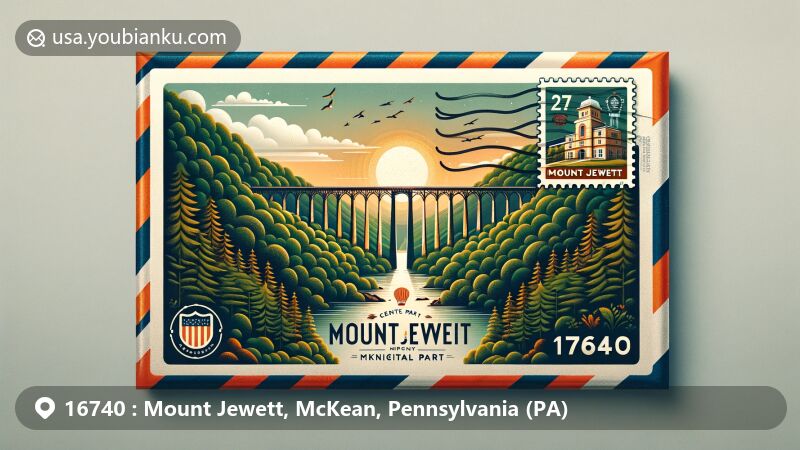 Modern illustration of Mount Jewett, McKean County, Pennsylvania, featuring iconic Kinzua Viaduct, Allegheny National Forest, and Swedish heritage, with creative postal theme displaying ZIP code 16740.