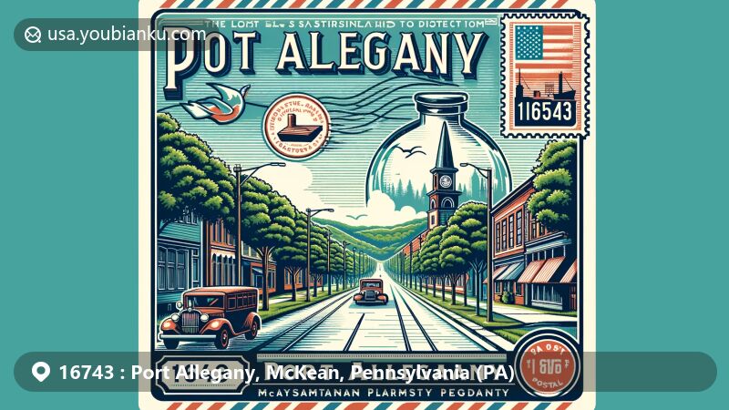 Modern illustration of Port Allegany, McKean County, Pennsylvania, showcasing tree-lined streets, Appalachian Mountains backdrop, and glass manufacturing heritage, incorporating postal theme with ZIP code 16743 and Pennsylvania state flag.