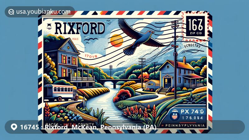 Modern illustration of Rixford, McKean County, Pennsylvania, capturing the essence of the area with elements like natural scenery, local architecture, and cultural symbols, highlighting the postal theme with a postage stamp, postmark, and ZIP code 16745.