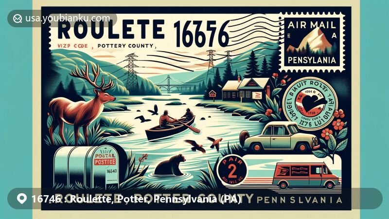 Innovative illustration of the Roulette area in Potter County, Pennsylvania, featuring ZIP code 16746, highlighting the Allegheny River, local wildlife, and postal theme with vintage postage stamp and mailbox.
