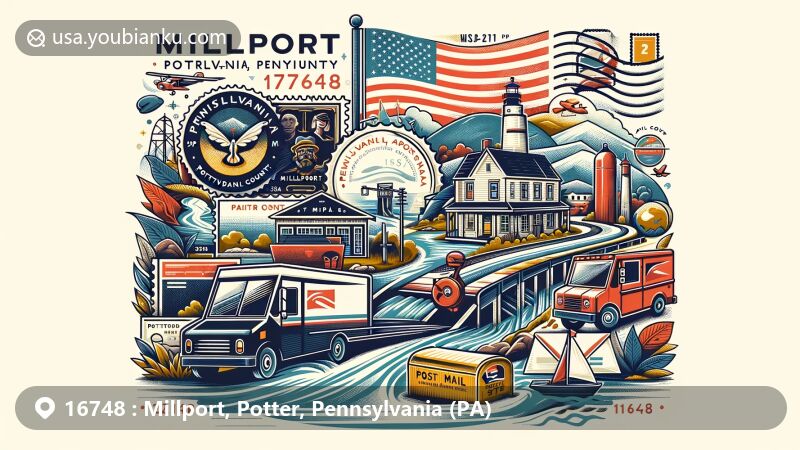 Modern illustration of Millport, Potter County, Pennsylvania, featuring postal theme with ZIP code 16748, integrating natural and cultural landmarks showcasing the area's beauty and heritage.