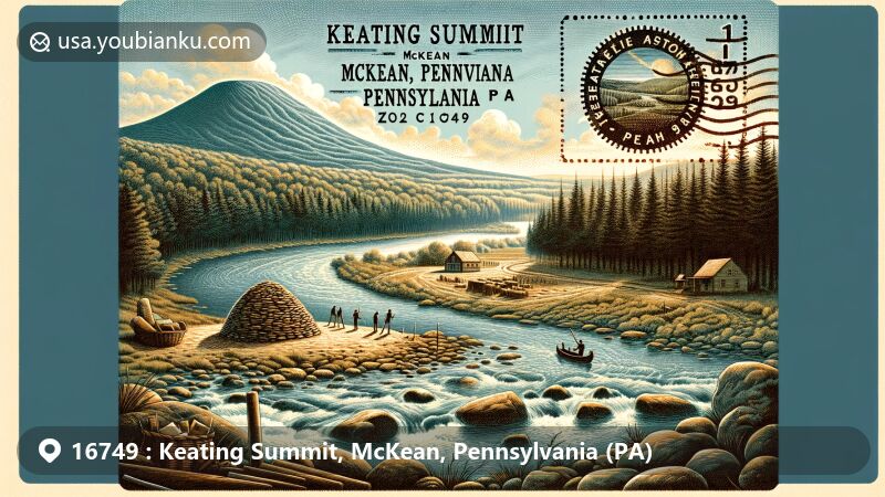 Modern illustration of Keating Summit, McKean County, Pennsylvania, featuring prehistoric archaeological site, jasper presence linking river basins, wooded landscape, and postal elements with ZIP code 16749.