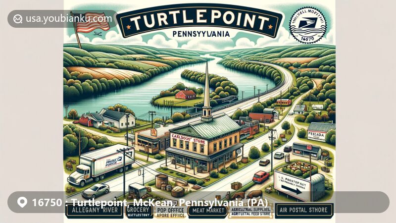 Modern illustration of Turtlepoint, Pennsylvania, highlighting Allegheny River, Carlsons' Store, and postal theme with vintage postcard design, showcasing McKean County outline, ZIP code 16750, and postal symbols like mailbox and postal truck.