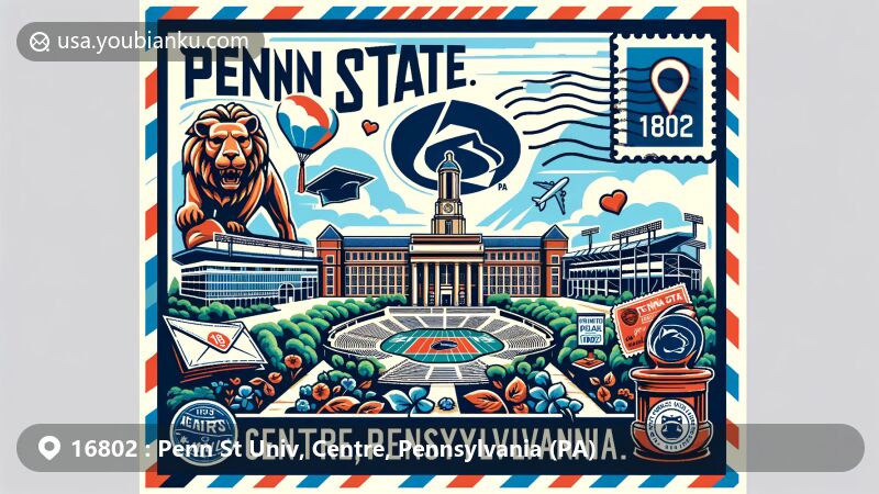 Modern illustration of Penn St Univ, Centre, Pennsylvania, showcasing iconic elements like Nittany Lion Shrine, Beaver Stadium, and academic symbols for ZIP code 16802, in a vibrant postal-themed design.
