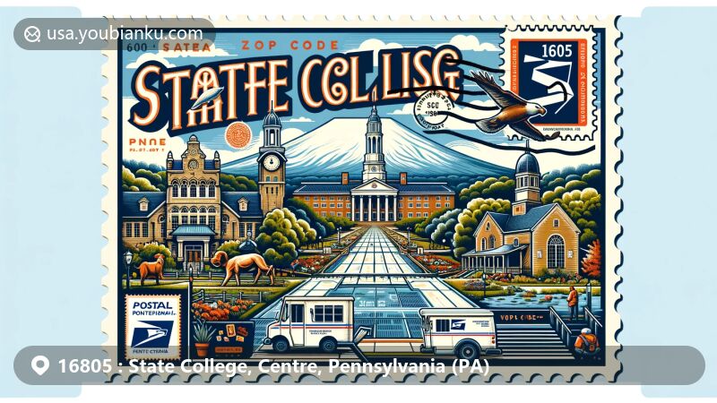 Modern illustration of State College, Centre, Pennsylvania, showcasing postal theme with ZIP code 16805, featuring Penn State University campus, Penn State Arboretum, Mount Nittany, and Boal Mansion & Columbus Chapel.