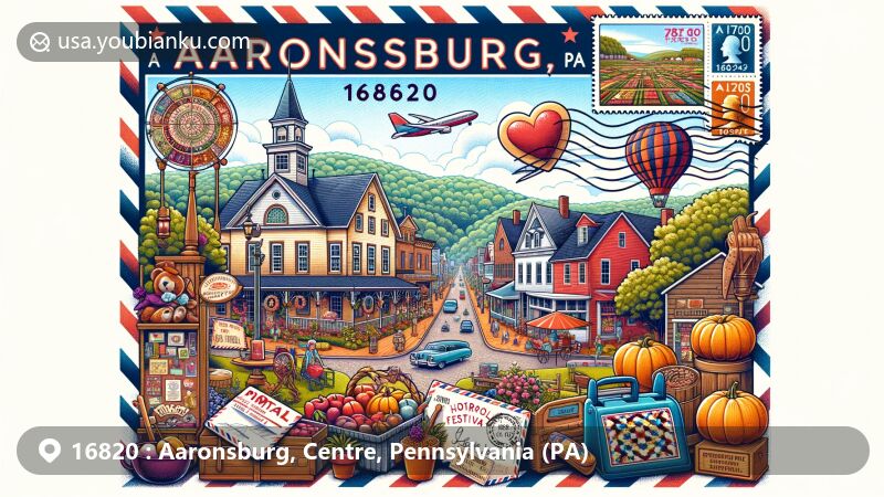 Modern illustration of Aaronsburg, Centre County, Pennsylvania, featuring Aaronsburg Historic District, Dutch Fall Festival, crafts, art, antiques, homemade foods, quilt raffle, airmail envelope, stamps, postmark with '16820' and 'Aaronsburg, PA', Shriner Mountain, and Penns Valley.