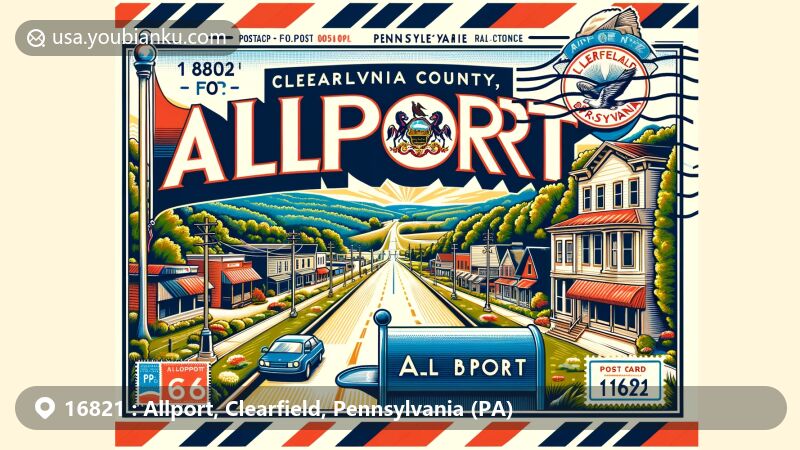 Modern illustration of Allport, Clearfield County, Pennsylvania, featuring small-town charm and rural scenery, showcasing state flag, Clearfield County outline, rolling hills, forests, and downtown street, styled as a postcard with postal motifs and ZIP code 16821.