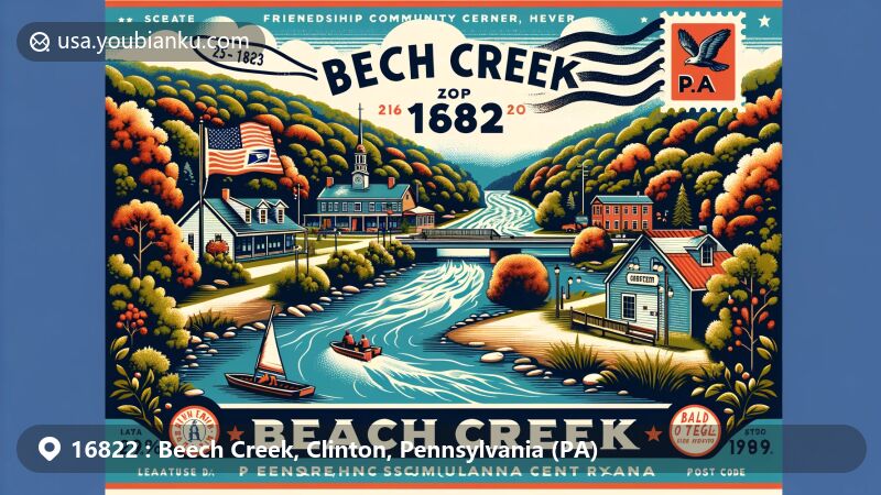 Modern illustration of Beech Creek, Clinton County, Pennsylvania, showcasing postal theme with ZIP code 16822, featuring Friendship Community Center and state symbols, amidst natural beauty near Bald Eagle Creek and West Branch Susquehanna River watershed.