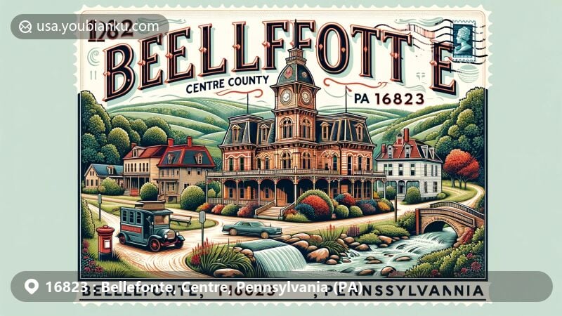 Modern illustration of Bellefonte, Centre County, Pennsylvania, with Victorian-style architecture, Nittany Valley, Spring Creek, and postal elements like vintage postcard theme and Bellefonte's ZIP code 16823.