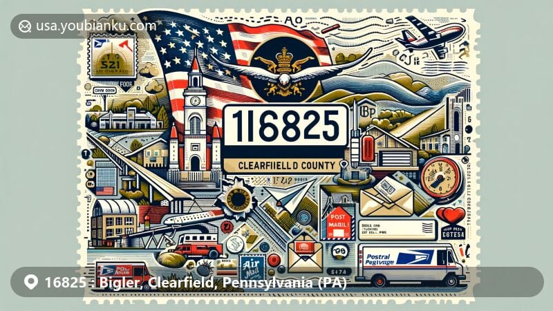 Modern illustration of Bigler, Clearfield County, Pennsylvania, infusing postal theme with ZIP code 16825, showcasing Pennsylvania state flag, Clearfield County outline, and cultural symbols of Bigler.