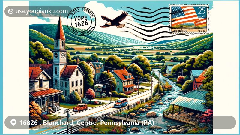 Modern illustration of Blanchard, Centre County, Pennsylvania, highlighting natural beauty and postal elements with ZIP code 16826, showcasing Bald Eagle Creek and post office building.