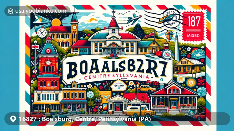 Modern illustration of Boalsburg, Centre County, Pennsylvania, highlighting postal theme with ZIP code 16827, blending local landmarks, cultural elements, and Pennsylvania state symbols.