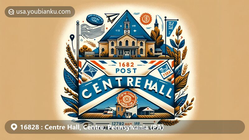 Modern illustration of Centre Hall Post Office in Centre Hall, Centre County, Pennsylvania, featuring airmail envelope design with ZIP code 16828 and artistic stamps of local landmarks like Centre County Grange Fair.