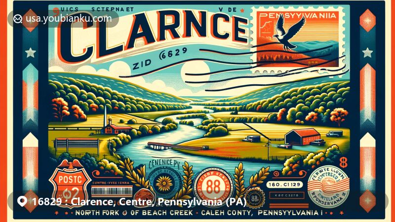 Modern illustration of Clarence, Centre County, Pennsylvania, showcasing postal theme with ZIP code 16829, featuring scenic valley of Beech Creek, Bald Eagle Creek, and state symbols.
