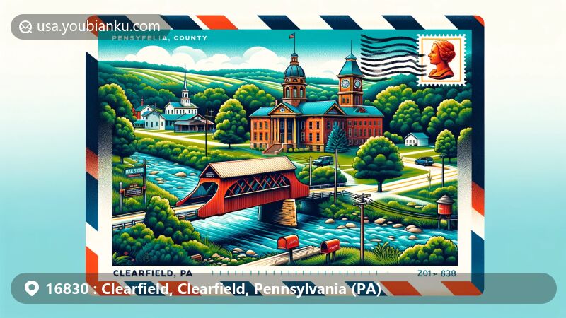 Modern illustration of Clearfield, PA, showcasing postal theme with ZIP code 16830, featuring Clearfield County Courthouse, McGees Mills Covered Bridge, and West Branch of the Susquehanna River.