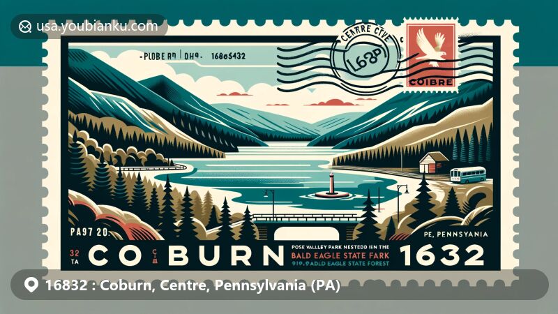 Modern illustration of Coburn, Centre County, Pennsylvania, highlighting postal theme with ZIP code 16832, featuring Poe Valley State Park, Bald Eagle State Forest, and Poe Lake.