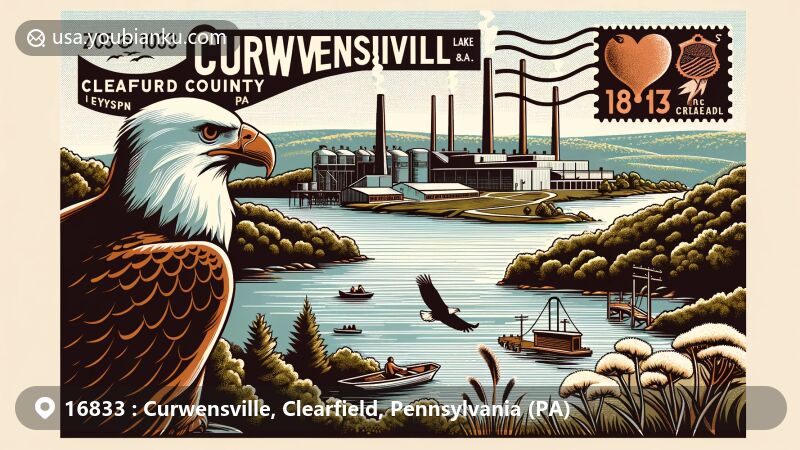 Modern illustration of Curwensville, Clearfield County, Pennsylvania, showcasing natural and industrial heritage with Curwensville Lake, recreational activities like boating, hiking, and birdwatching, as well as past industrial elements of brick-making at North American Refractories Company and sandstone quarrying, set against lush natural backdrop. Includes postal elements like vintage stamp design with ZIP code 16833, ink stamp with date, and silhouette of a bald eagle.