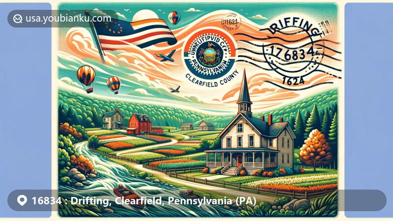Modern illustration of Drifting, Clearfield County, Pennsylvania, featuring a non-incorporated community nestled in lush green landscape, highlighting the area's natural beauty. Background includes Pennsylvania state symbols like the state flag. The postcard cleverly integrates postal elements such as a vintage stamp with the state flag, an ink stamp with 'Drifting, PA 16834', and an airmail-style border. This combination celebrates the uniqueness of Drifting and the broader Pennsylvania backdrop, making it a striking representative for websites related to this ZIP code.