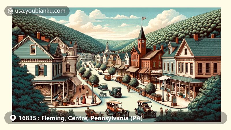 Modern illustration of Unionville, Centre County, Pennsylvania, showcasing historic town with 19th-century vernacular houses and popular architectural styles like Italianate and Gothic, featuring Unionville Historic District and a postal theme with ZIP code 16835.