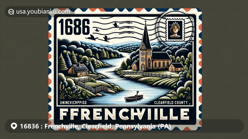 Modern illustration of Frenchville, Clearfield County, Pennsylvania, showcasing postal theme with ZIP code 16836, featuring French heritage symbol and natural landscape.