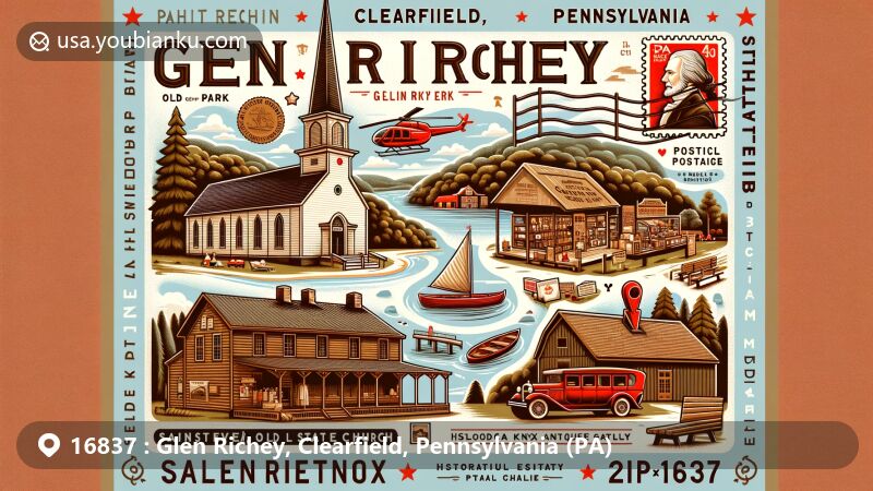 Modern illustration of Glen Richey, Clearfield County, Pennsylvania (PA), highlighting Parker Dam State Park, Saint Severin Old Log Church, Historica Plus Antique Gallery, and Bloody Knox Cabin historic site, with postal elements and vintage postage stamp of Pennsylvania.