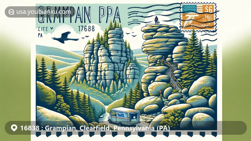 Modern illustration of Grampian, PA, Clearfield County, featuring Bilger's Rocks in a postal theme with ZIP code 16838, including postage stamp, Pennsylvania outline, postmark, mailbox, and vintage postal truck.
